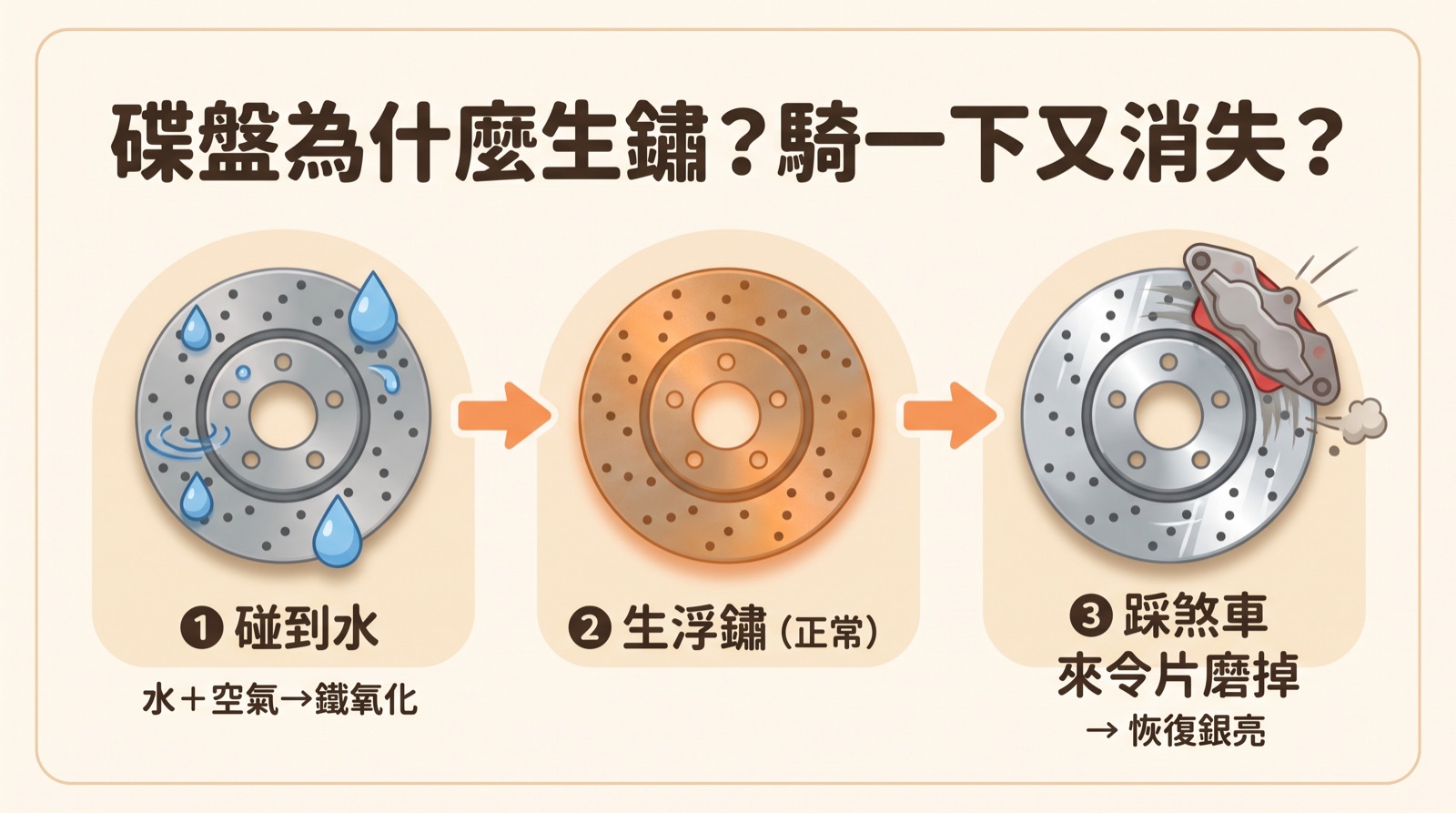碟盤生鏽原理：水讓鐵氧化生浮鏽，煞車時被來令片磨掉恢復光亮