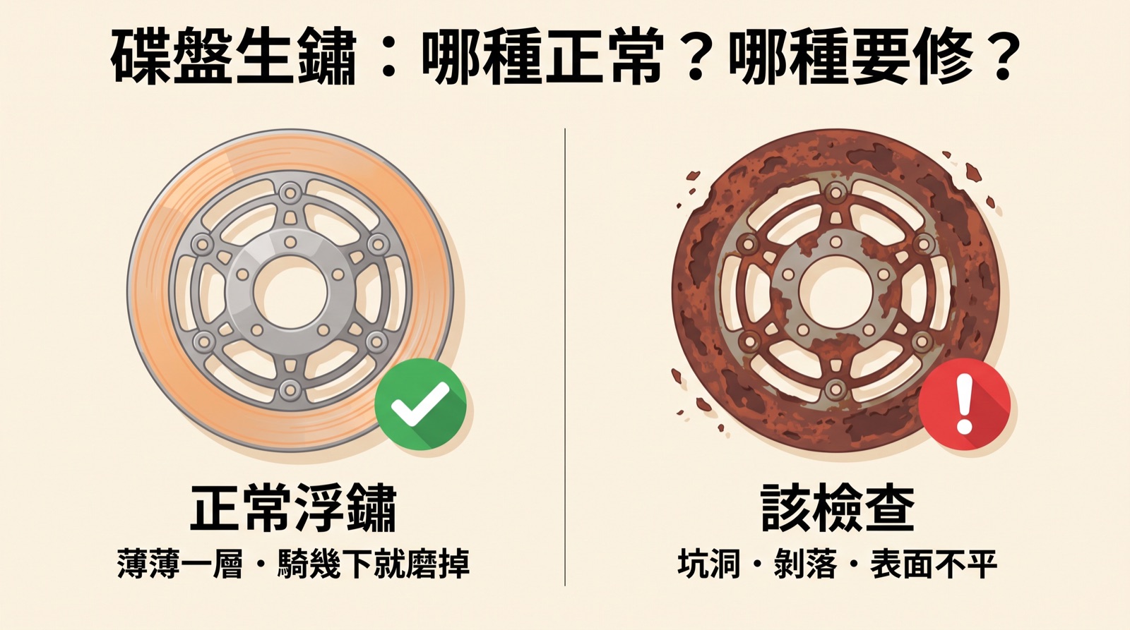 碟盤正常浮鏽與該檢查的深層鏽蝕對照
