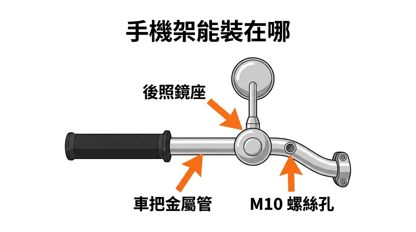 手機架三大安裝位置:後照鏡座、車把橫桿、M10 螺絲孔