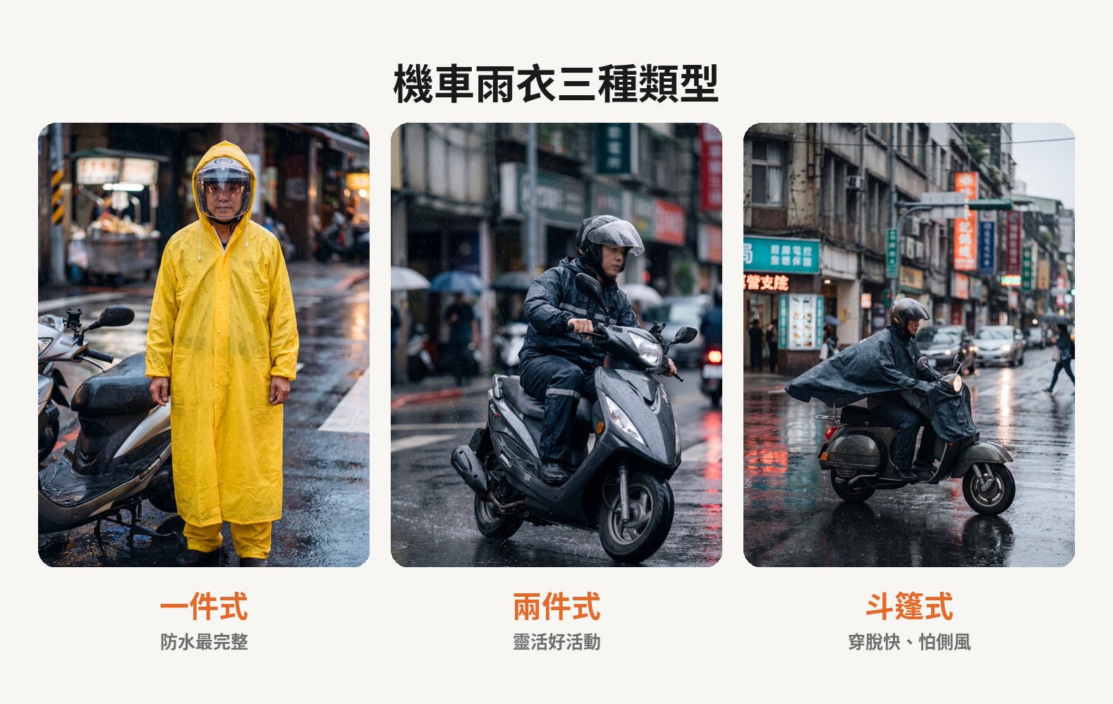 機車雨衣三種類型比較