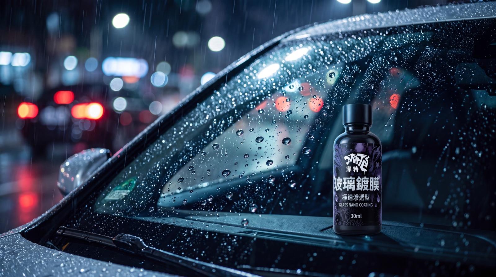 雨夜擋風玻璃強力疏水,水珠自動滑落,玻璃鍍膜瓶在儀表台